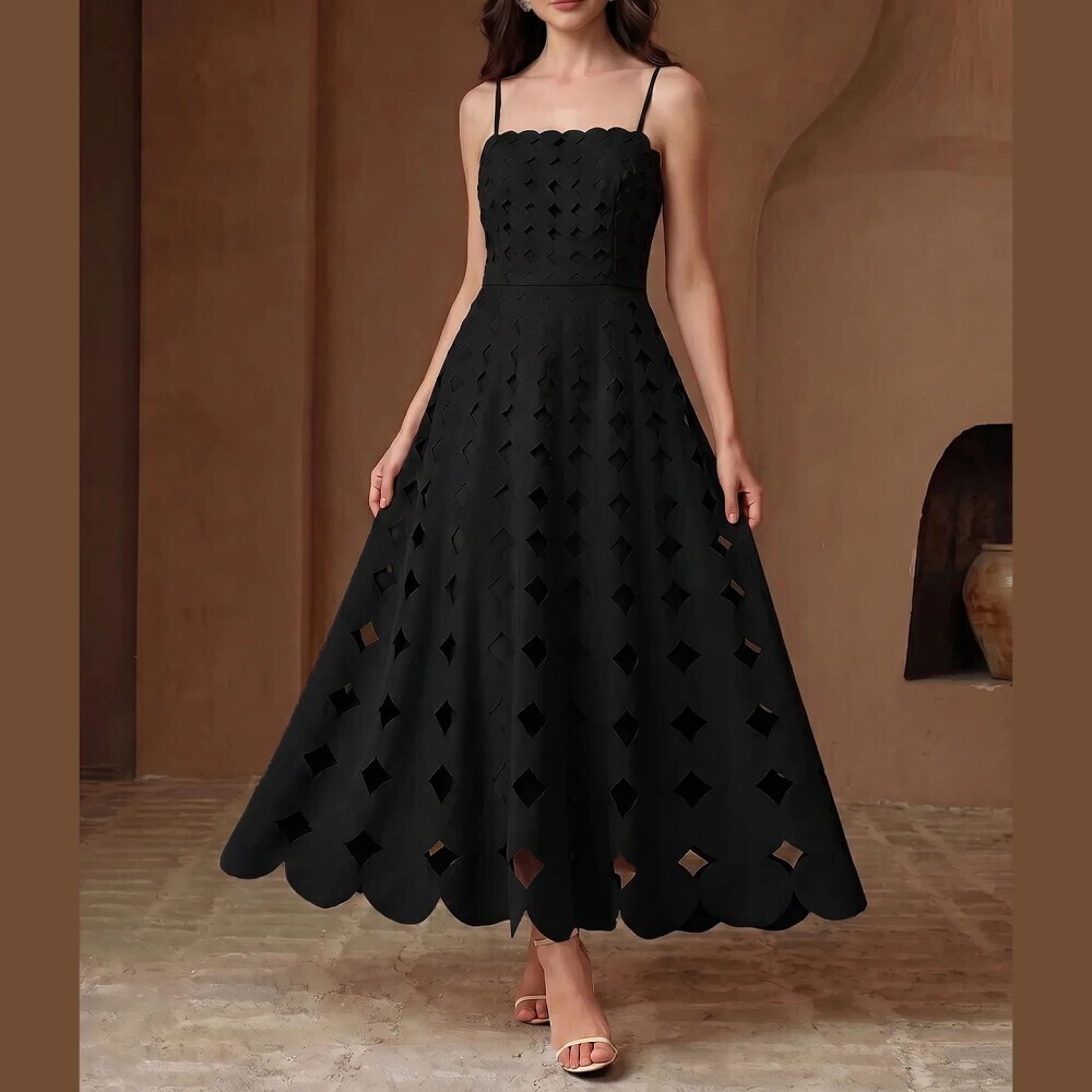 Black Diamond Cutout Spaghetti Strap Scalloped Hem Maxi Dress